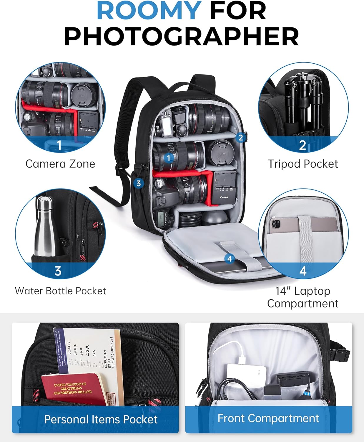 BAGSMART Camera Bag, DSLR SLR Small Camera Backpack Fits 13 Inch Laptop, Photography Backpacks with Rain Cover & Tripod HoldeR - Image 4