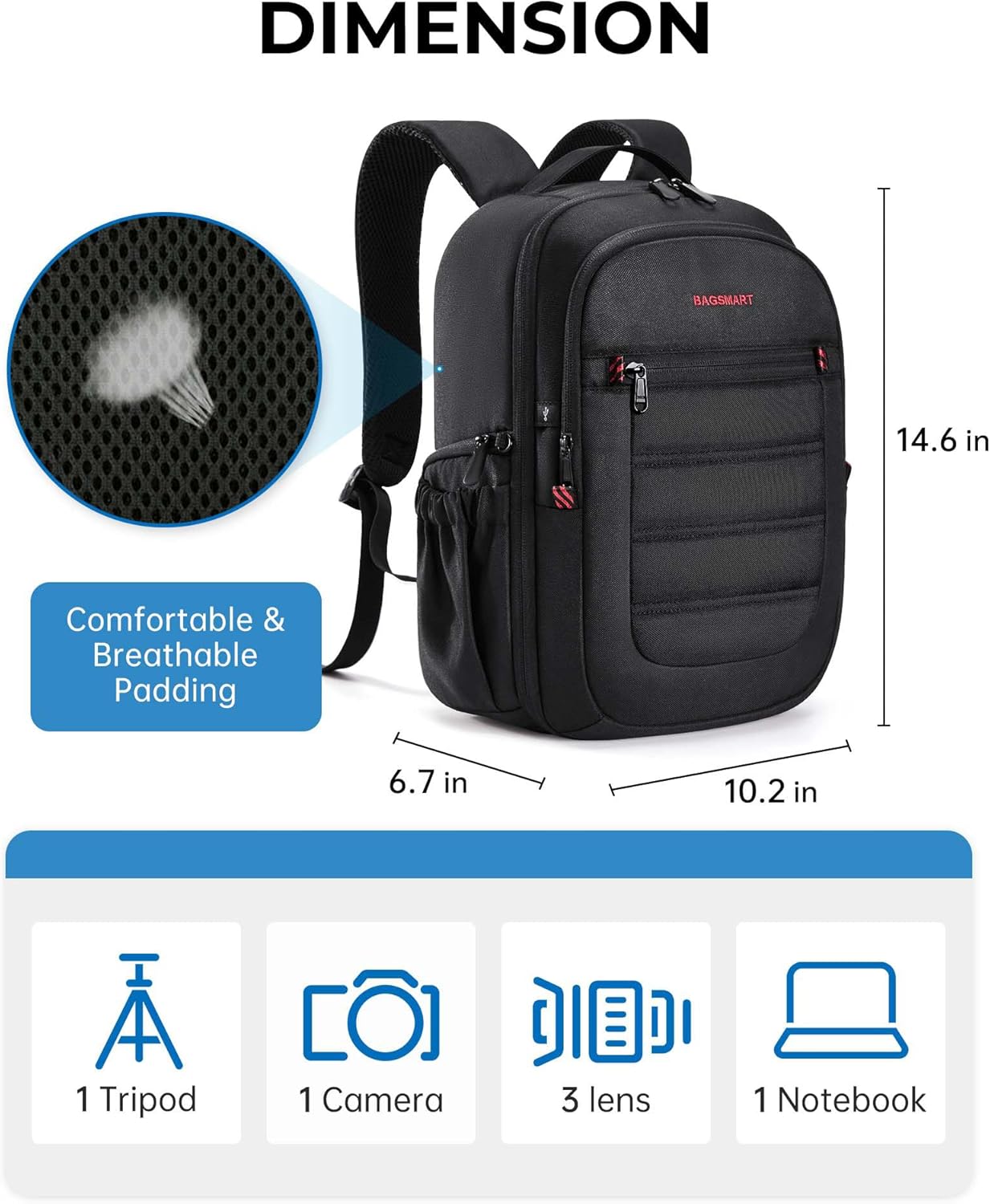 BAGSMART Camera Bag, DSLR SLR Small Camera Backpack Fits 13 Inch Laptop, Photography Backpacks with Rain Cover & Tripod HoldeR - Image 5