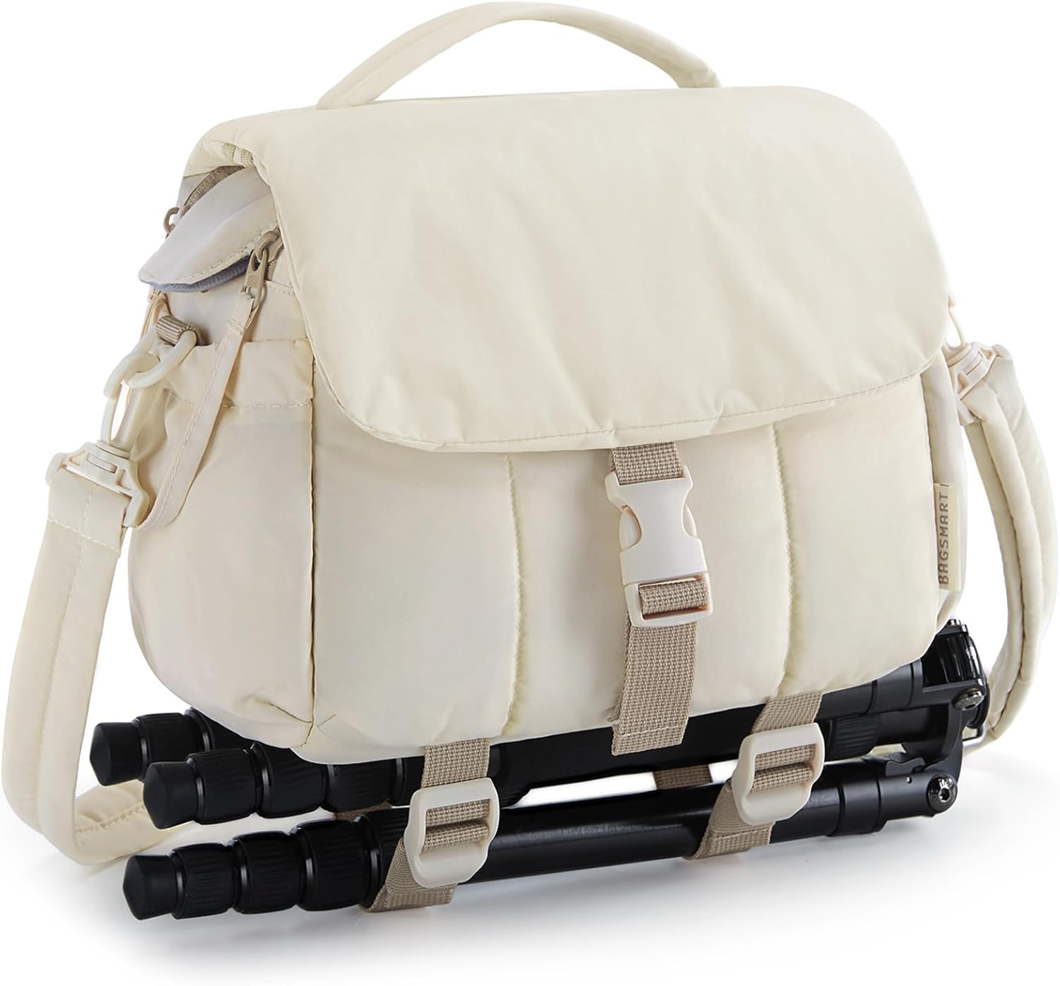 BAGSMART Small Camera Bag, DSLR Camera Case for Camera Lens & Accessories, Ultra-Light Compact Crossbody Camcorder Bags with Rain Cover/Tripod Straps, Irovy White
