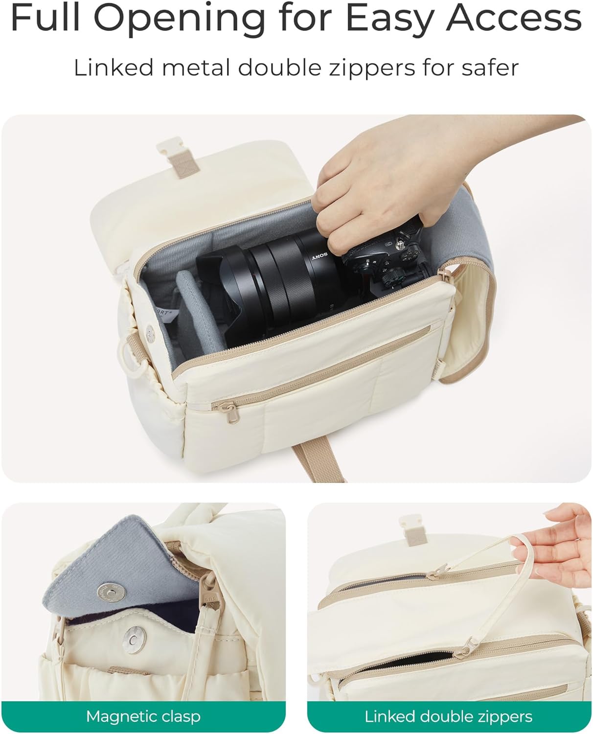 BAGSMART Small Camera Bag, DSLR Camera Case for Camera Lens & Accessories, Ultra-Light Compact Crossbody Camcorder Bags with Rain Cover/Tripod Straps, Irovy White - Image 4